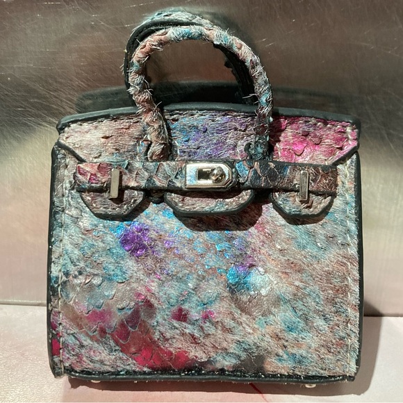 π Handmade Genuine Leather Mini Iridescent Fish Scale Birkin Tote Bag Charm - Picture 4 of 9